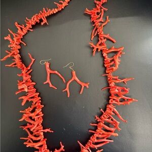 Red Coral Branch Necklace and Earring Set